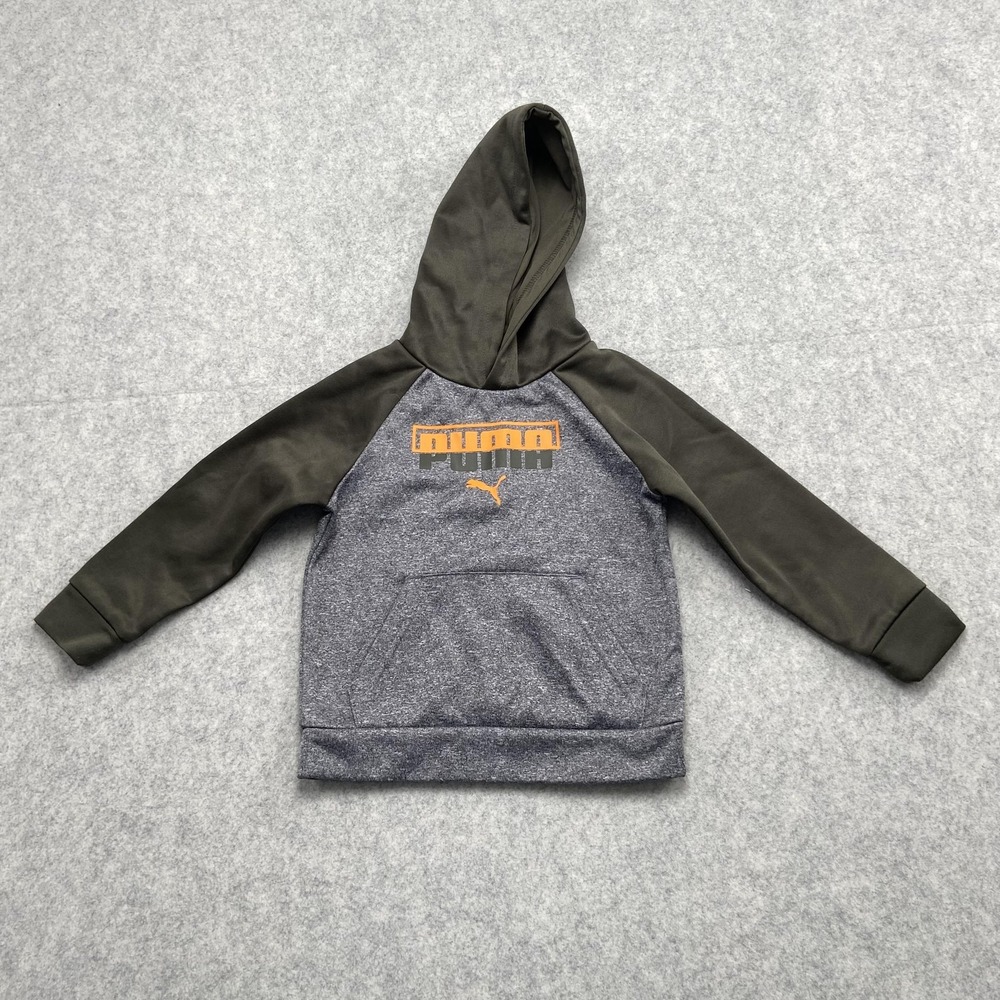 Puma Hoodie Toddler 3T Gray Green Pullover Fleece Graphic Logo Kangaroo Pocket